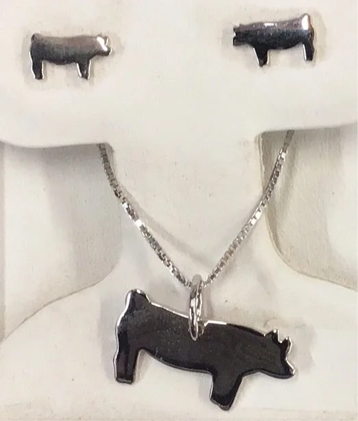 Ladies sterling silver necklace-HCO Exclusive Pig Earring and Necklace Set - Sterling Silver