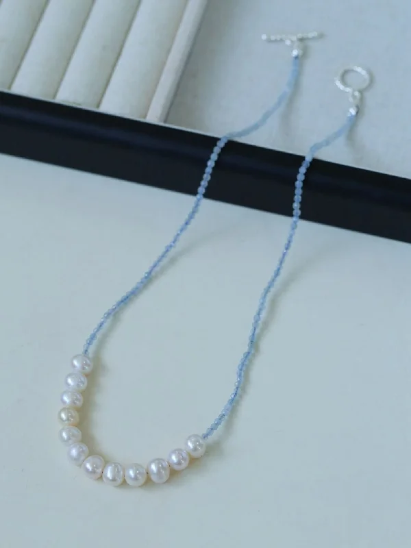 Ladies romantic necklace-Aquamarine Smile Flat Round Pearl Beaded OT Necklace