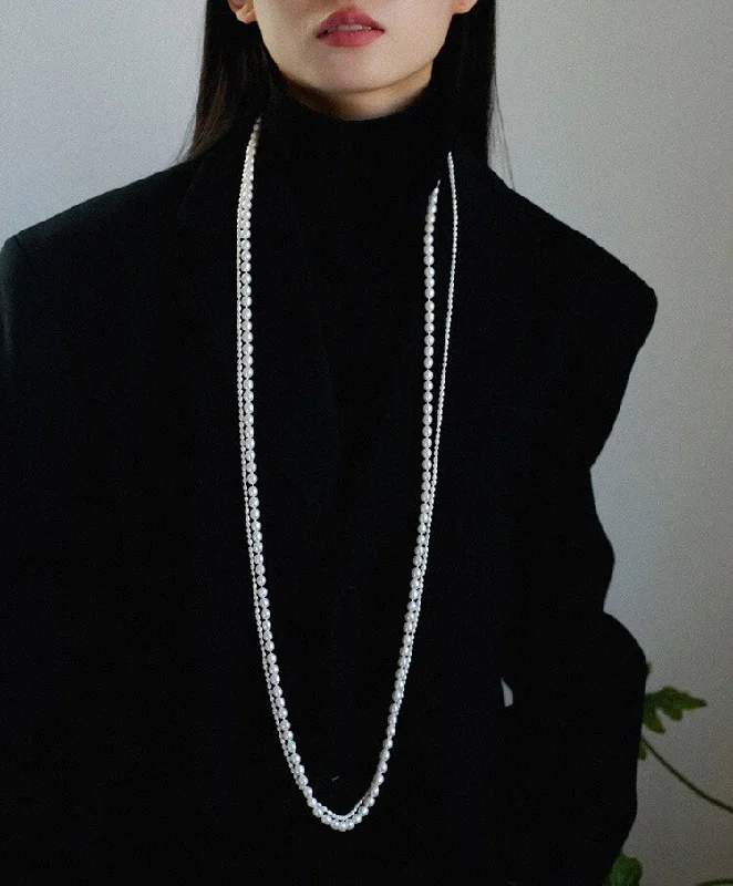 Ladies long chain necklace-Two-layer Large and Small Pearl Long Necklaces