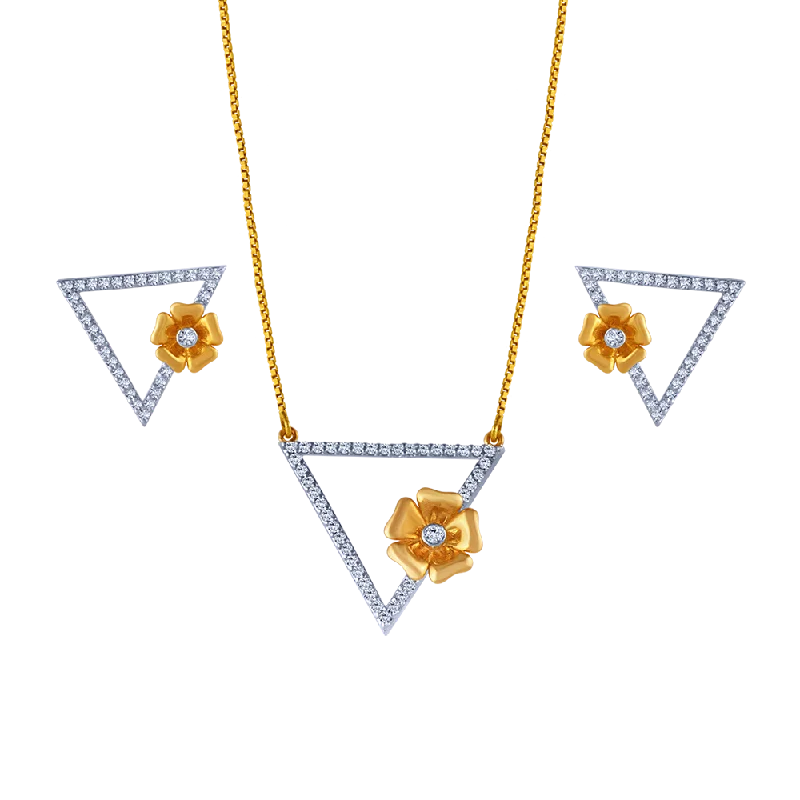 Ladies engagement earrings-18k Triangular Diamond Necklace Earrings Set With An Intricate Flower