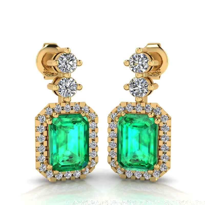 Ladies clip-on diamond earrings-Emerald Cut 1 Carat Emerald Natural Diamond Halo Drop Earrings E1ECE