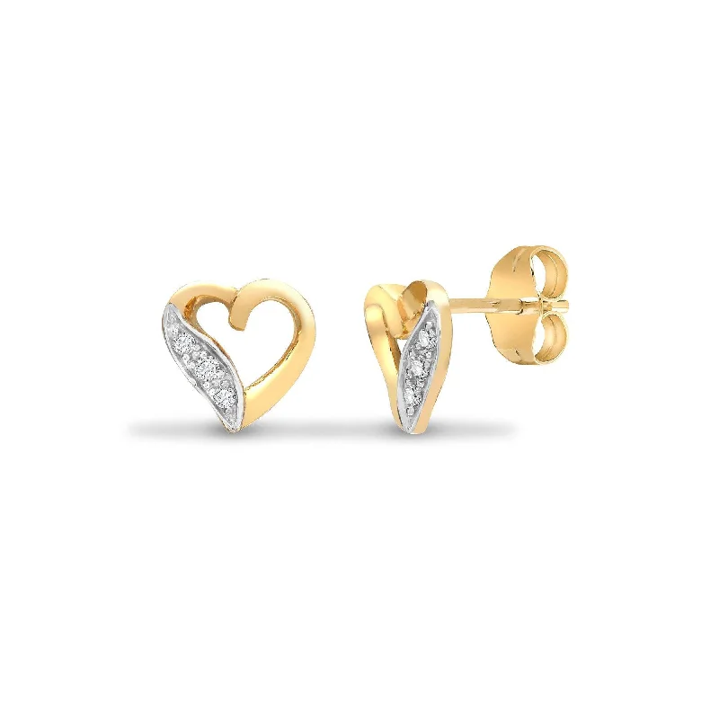 Ladies custom design earrings-DIAMOND HEART-SHAPED STUD EARRINGS IN 9K YELLOW GOLD