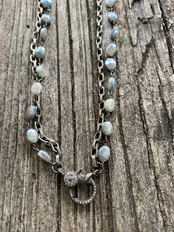 Ladies personalized necklace-Grey and Blue Oval Silverite Beads and Sterling Silver Double Strand Necklace with Pave Diamond Clasp