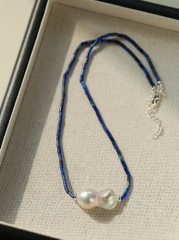 Ladies wedding necklace set-Lapis Lazuli Baroque Pearl Necklace