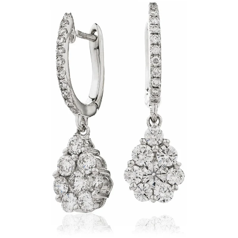 Ladies statement earrings-DIAMOND CLUSTER FANCY DROP EARRINGS IN 18K WHITE GOLD