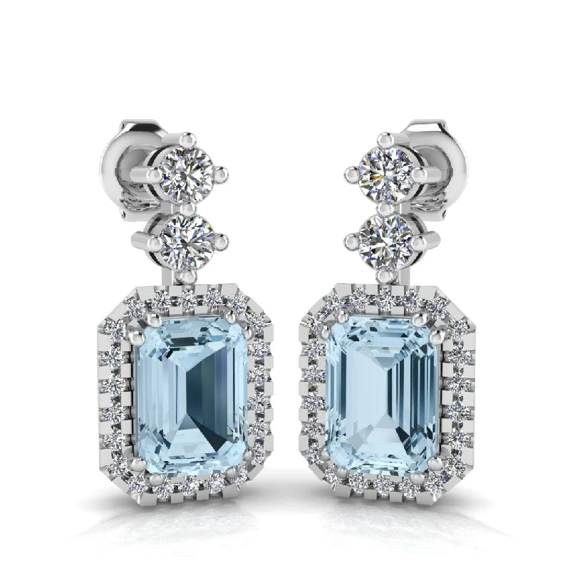 Ladies bridal earrings-Emerald Cut 1 Carat Aquamarine Lab Grown Diamond Halo Drop Earrings E1ECA