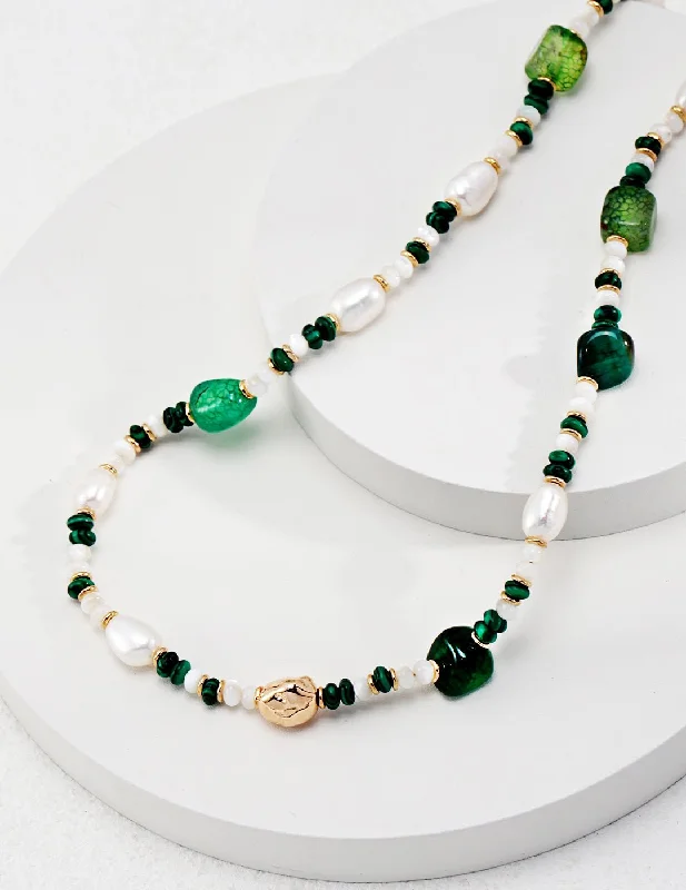 Ladies custom gold necklace-The Multielement Necklace Featuring Malachite Pearls and Green Onyx