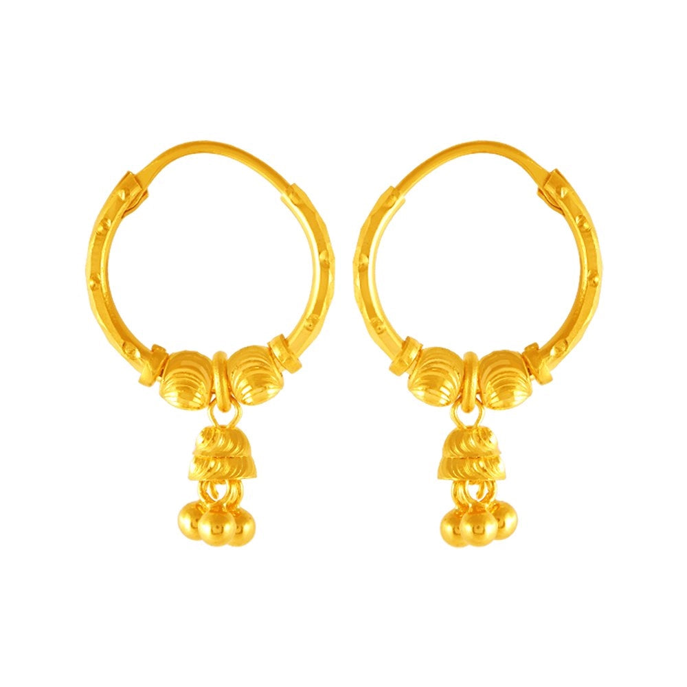 Ladies aquamarine earrings-22KT (916) Yellow Gold Lightweight Hoop Earrings With Tiny Jhumka Drops