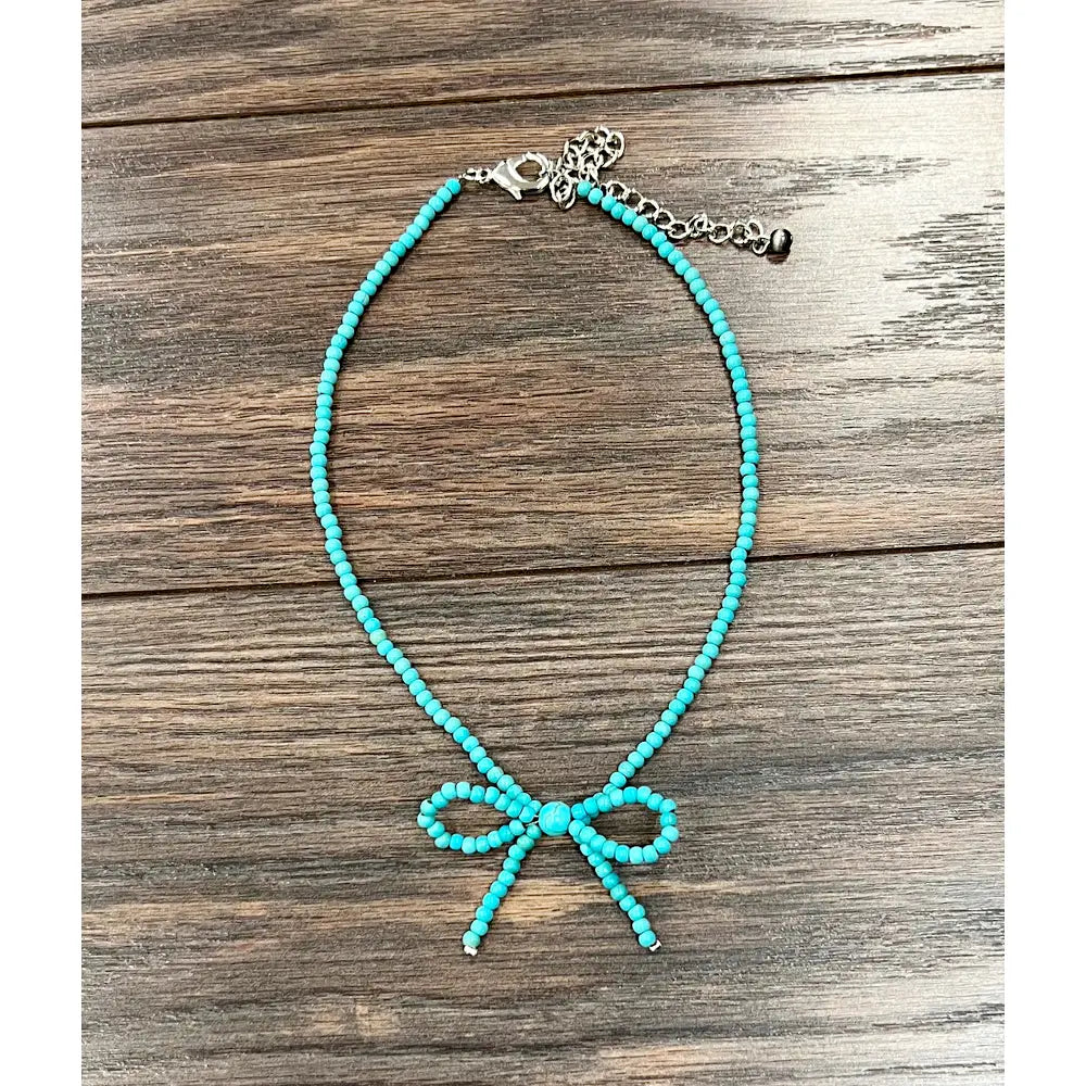 Ladies luxury necklace-Handmade Faux Turquoise Bow Necklace