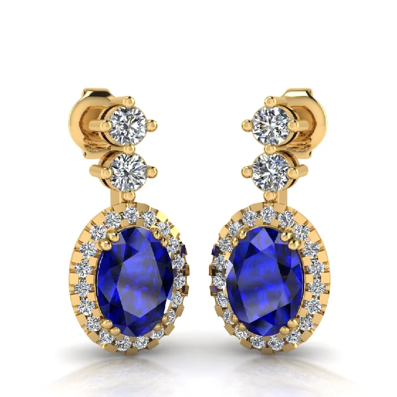 Ladies opal stud earrings-Sapphire 1.40 Carat Oval Shape Halo Natural Diamond Drop Earrings E1OCS