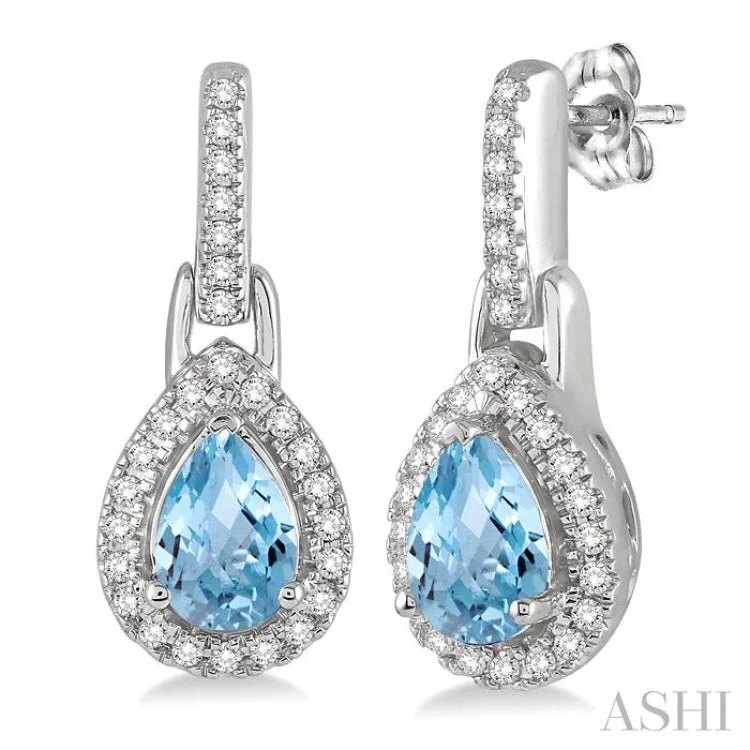 Ladies sapphire earrings-6x4 MM Pear Shape Aquamarine and 1/5 Ctw Round Cut Diamond Earrings in 10K White Gold