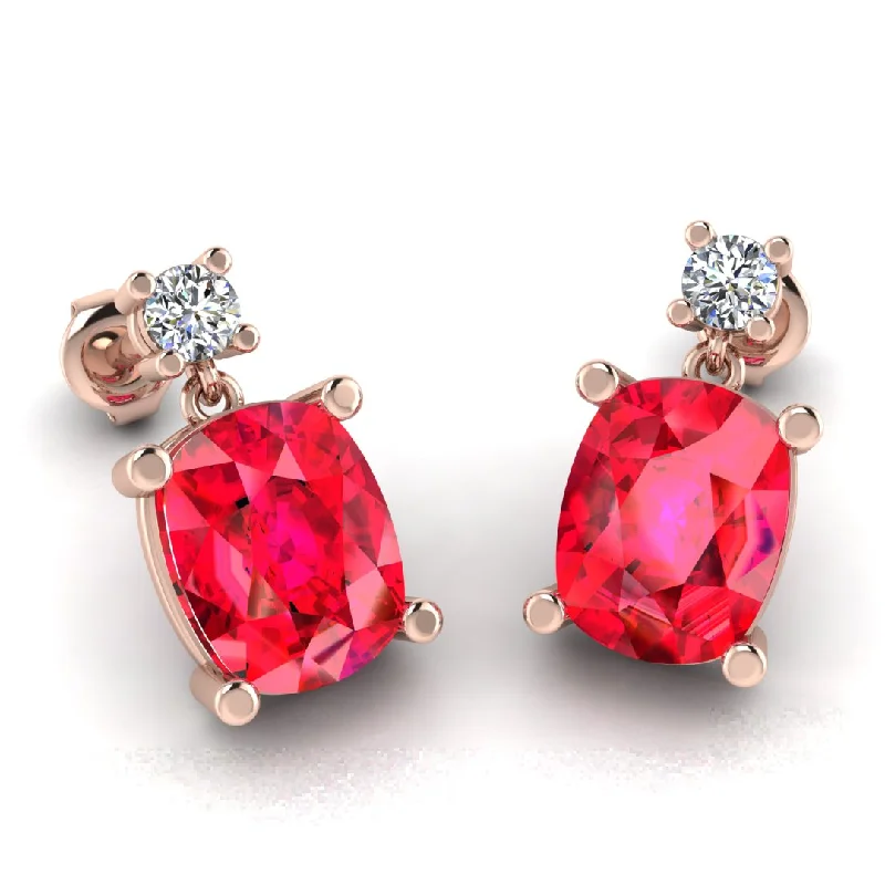 Ladies gemstone drop earrings-Cushion Shape Ruby Natural Diamond Drop Earrings EDCCR