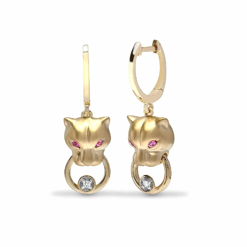 Ladies fashion earrings-PINK SAPPHIRE AND DIAMOND PANTHER STUD EARRINGS IN 9K YELLOW GOLD