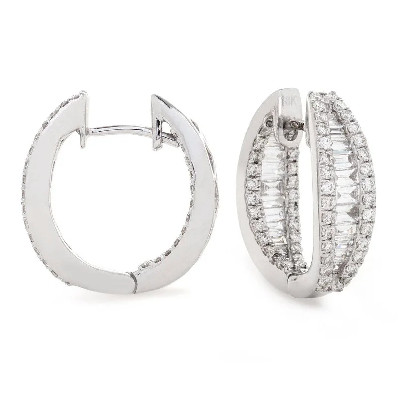 Ladies gemstone drop earrings-ROUND AND BAGUETTE CUT DIAMOND HOOP EARRINGS IN 18K WHITE GOLD