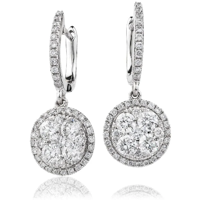 Ladies ruby earrings-DIAMOND CLUSTER AND HALO DROP EARRINGS IN 18K WHITE GOLD