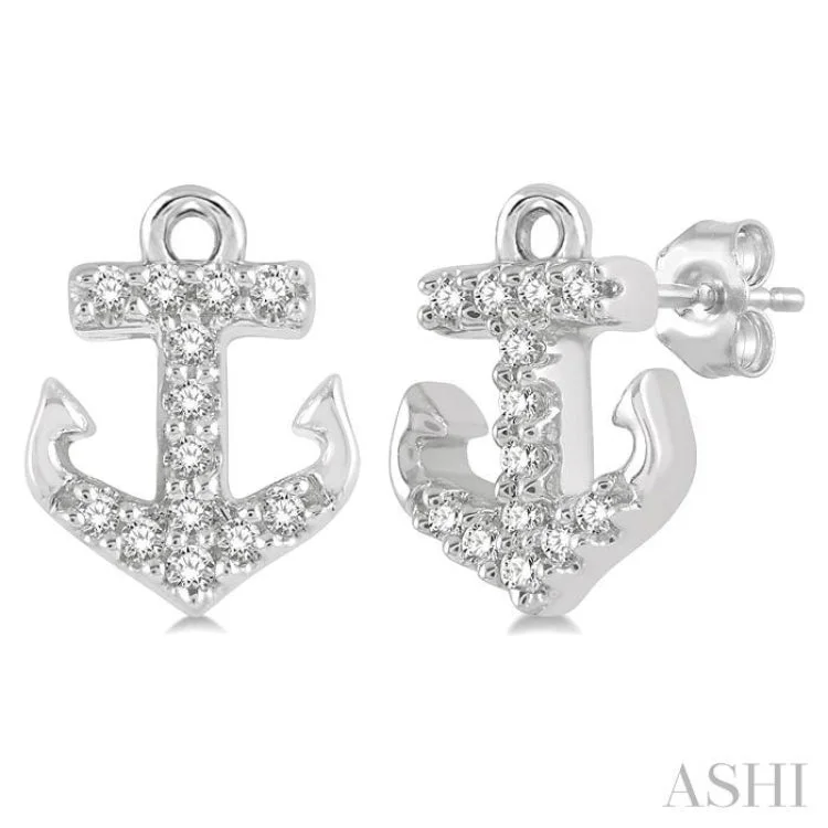 Ladies bridal earrings-1/10 Ctw Anchor Round Cut Diamond Petite Fashion Earring in 10K White Gold