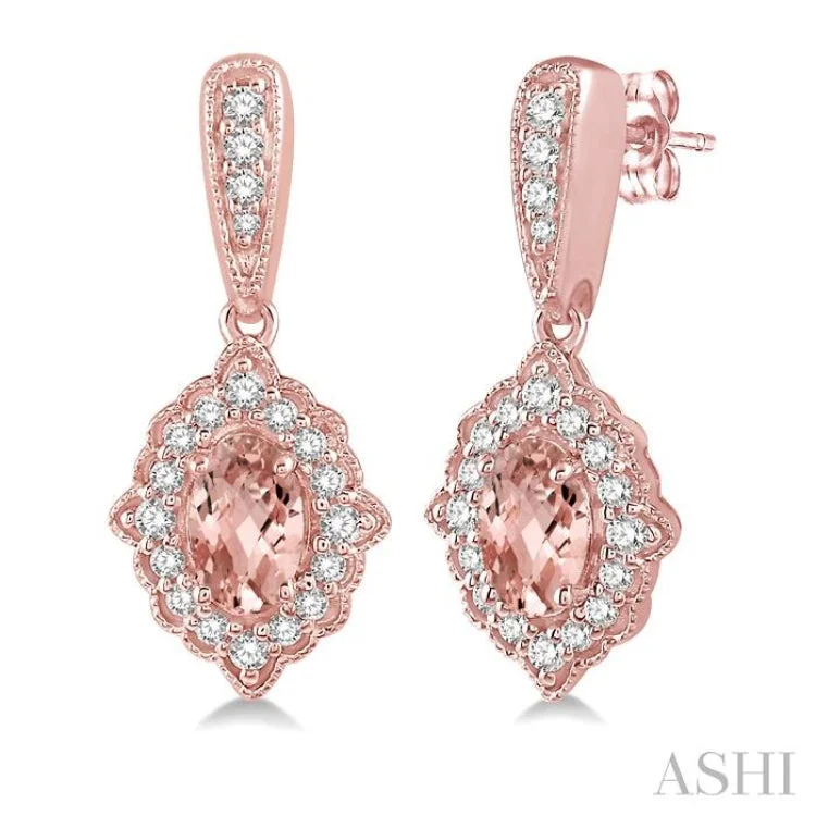 Ladies aquamarine earrings-1/4 Ctw Oval Shape 5x3mm Morganite & Round Cut Diamond Semi Precious Earrings in 10K Rose Gold