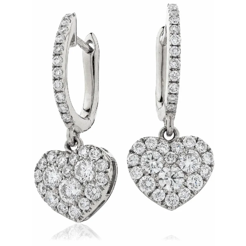 Ladies large diamond earrings-DIAMOND HEART-SHAPED CLUSTER HOOP DROP EARRING IN 18K WHITE GOLD