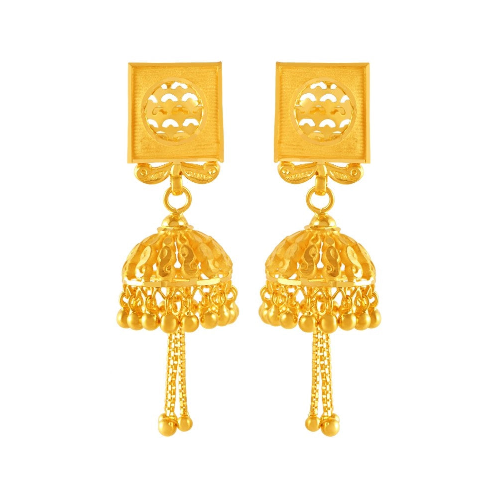 Ladies diamond teardrop earrings-22KT (916) Yellow Gold Square Top Jhumka Gold Earrings