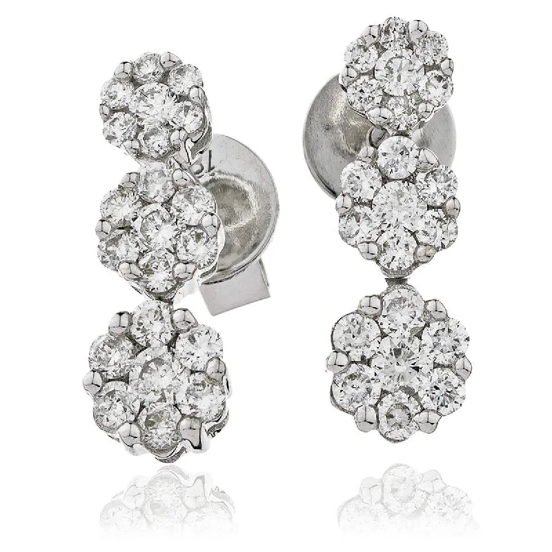 Ladies stud earrings with gemstones-DIAMOND CLUSTER DROP EARRINGS IN 18K WHITE