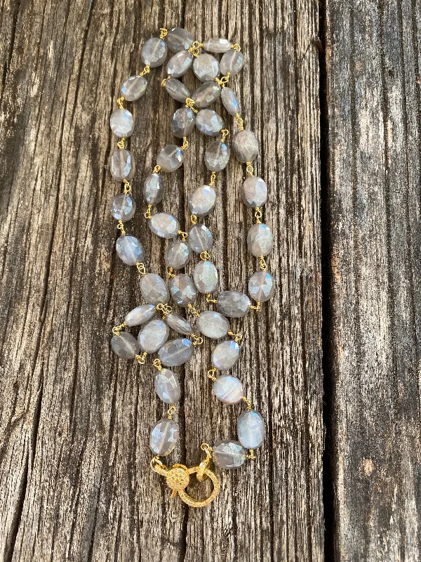 Ladies everyday necklace-Grey Beaded Moonstone Necklace with Gold Pave Diamond Clasp