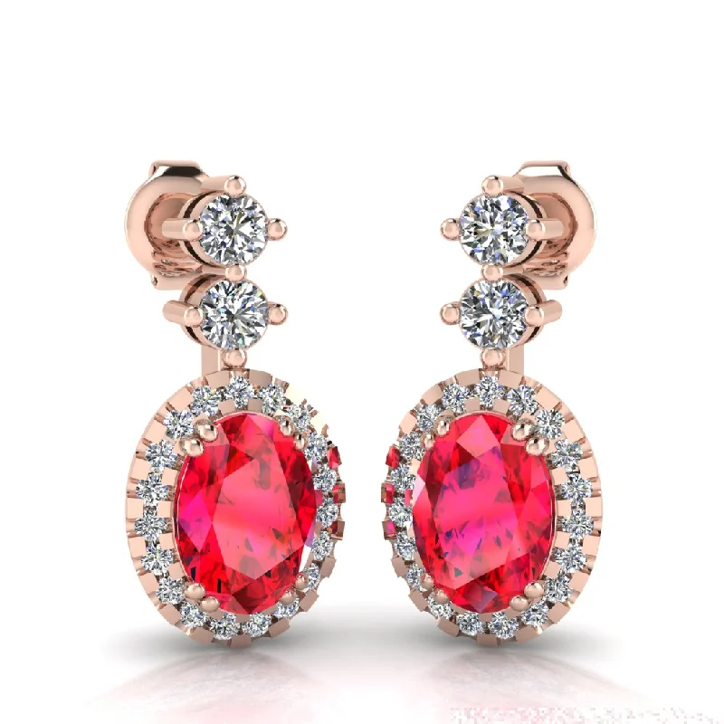 Ladies engraved earrings-Ruby 1.40 Carat Oval Shape Halo Natural Diamond Drop Earrings E1OCR