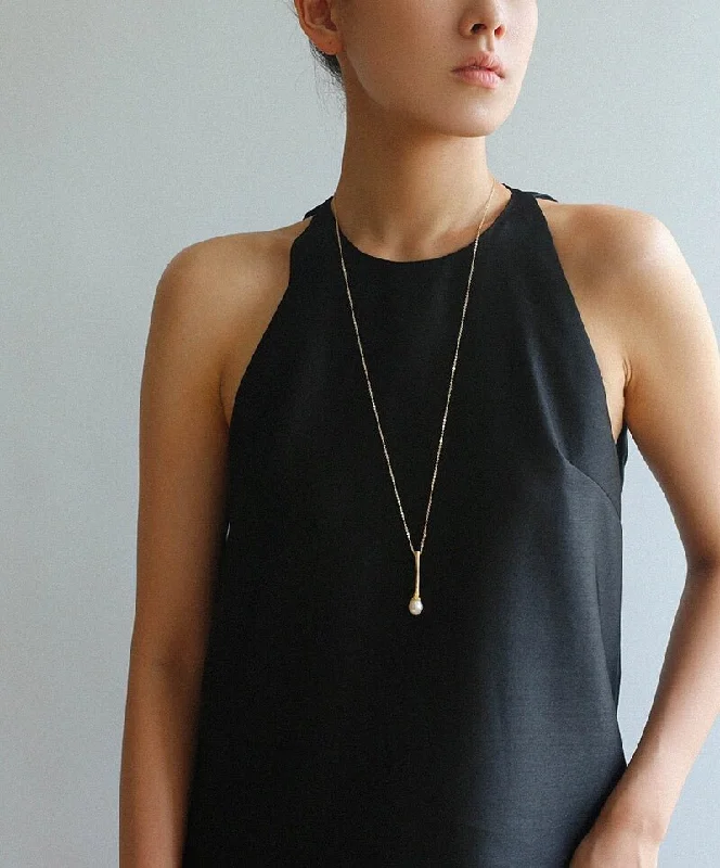 Ladies long chain necklace-Long Minimalist Teardrop Pearl Pendant Necklace