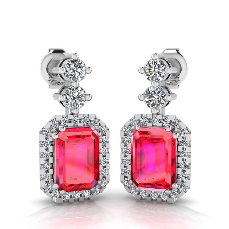 Ladies statement stud earrings-Emerald Cut 1 Carat Ruby Natural Diamond Halo Drop Earrings E1ECR