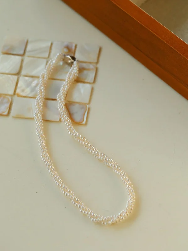 Ladies custom necklace-Three-Layer White Mini Pearl Collar Necklace