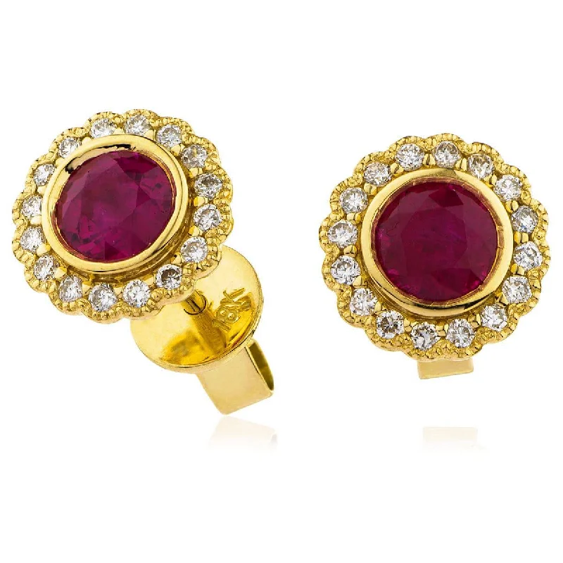 Ladies glamorous earrings-RUBY HALO RUB OVER SETTING STUD EARRINGS