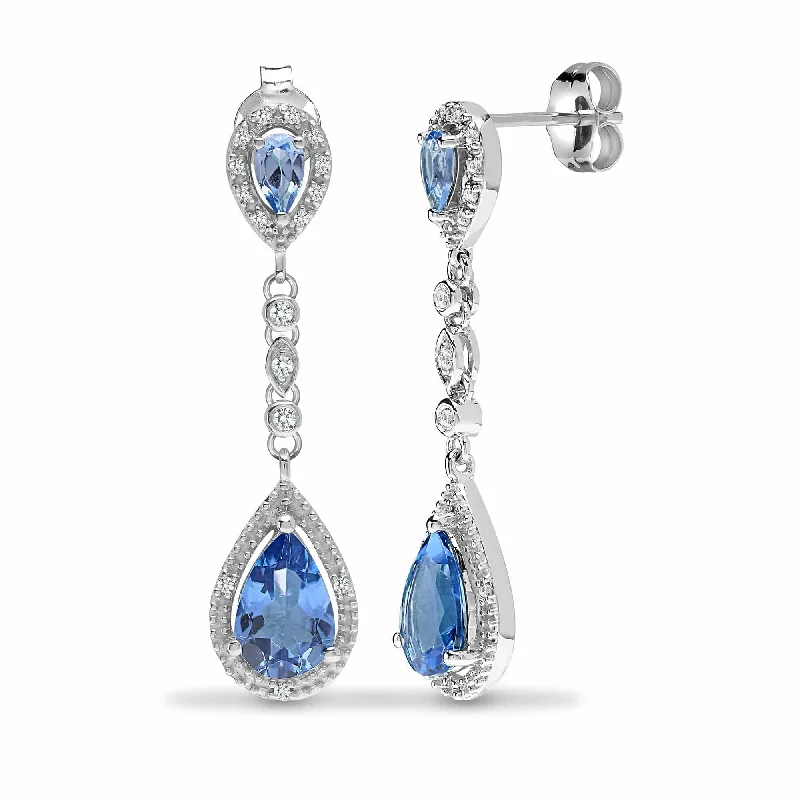 Ladies hoop earrings with diamonds-BLUE TOPAZ DROP EARRINGS IN 9K WHITE GOLD