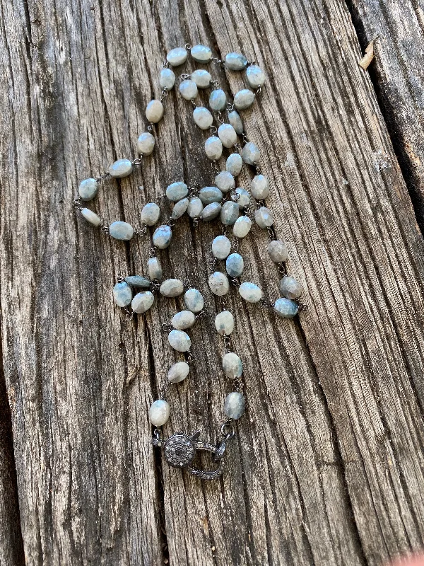 Ladies layered gold necklace-Silverite Oval Beaded Necklace with Pave Diamond Clasp