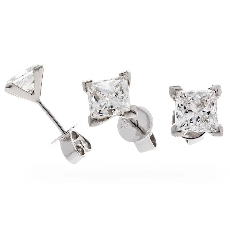 Ladies engagement earrings-Derora Princess Cut Solitaire Stud Earrings in White Gold