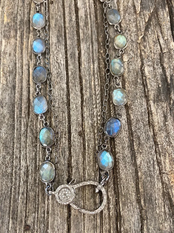 Ladies fine jewelry necklace-Double Strand of Labradorite and Sterling Silver Necklace with Pave Diamond Clasp