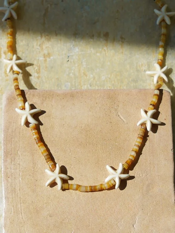 Ladies vintage necklace-Natural Yellow Disc Shell and Starfish Necklace