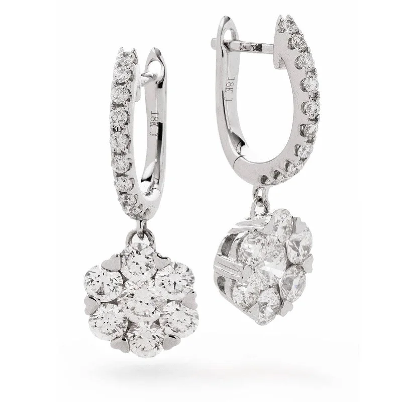 Ladies pearl earrings-DIAMOND CLUSTER HOOP DROP EARRINGS IN 18K WHITE GOLD