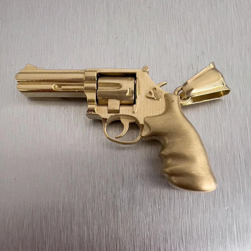 Ladies simple gold necklace-14k Yellow Gold 3D .357 Magnum Revolver Pistol w/ Moving Cylinder Pendant 34.9g