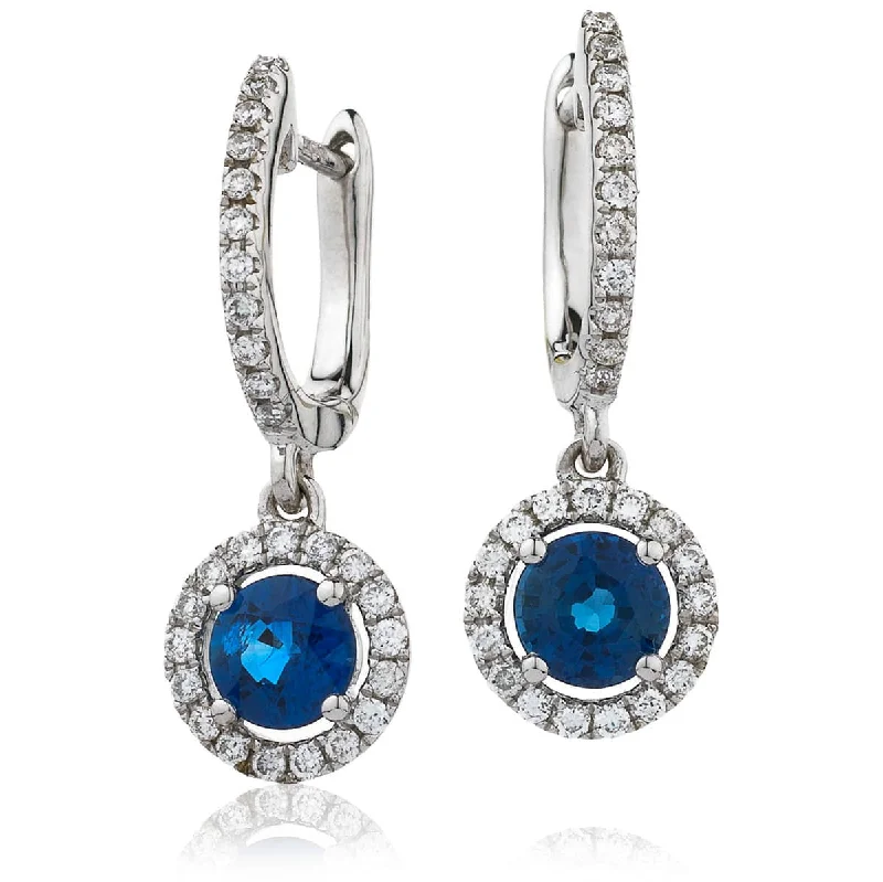 Ladies oval earrings-SAPPHIRE HALO HOOP DROP EARRINGS