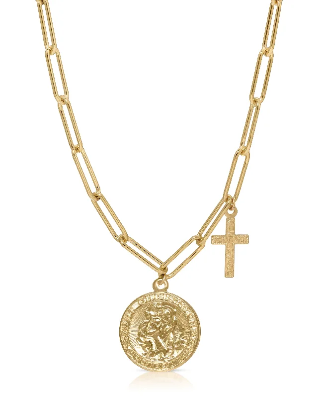 Ladies gold necklace-Saint Christopher with Cross Necklace