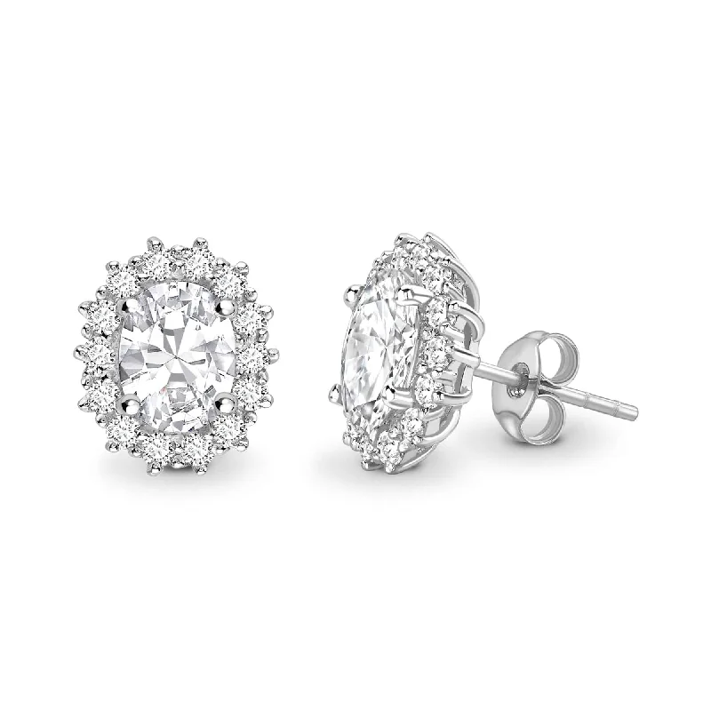 Ladies delicate drop earrings-OVAL DIAMOND AND HALO STUD EARRINGS