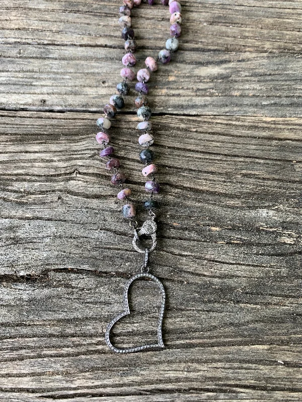 Ladies custom necklace-Purple Charoite Beaded Necklace with Pave Diamond Clasp. Pave Diamond Open Heart Pendant