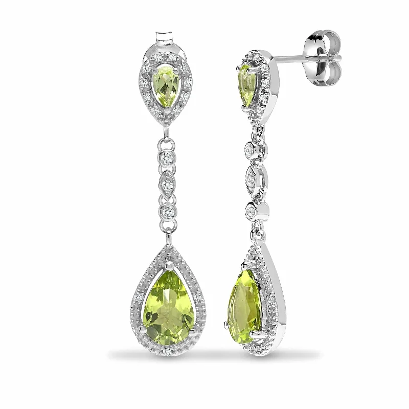 Ladies custom earrings-PERIDOT DROP EARRINGS IN 9K WHITE GOLD