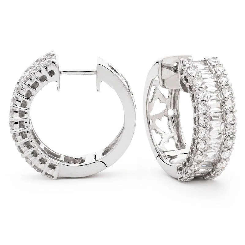 Ladies celestial earrings-BAGUETTE AND ROUND CUT DIAMOND HOOP EARRING IN 18K WHITE GOLD