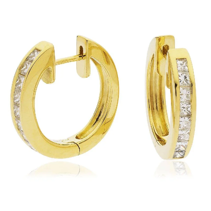 Ladies tear-drop earrings-PRINCESS CUT DIAMOND CHANNEL SETTING HOOP EARRINGS IN 18K YELLOW GOLD