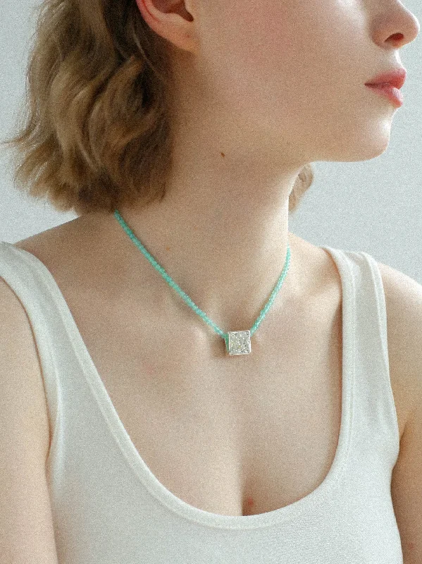 Ladies gemstone necklace-Amazonite Beaded Square Pendant Necklace