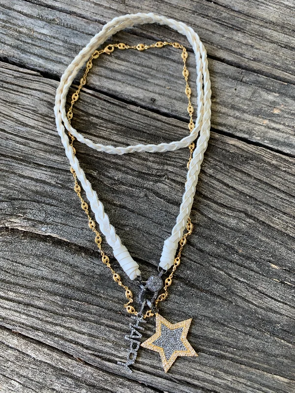 Ladies double chain necklace-Braided Leather Wrap Necklace with Pave Diamond Clasp.  Pave Diamond Two Tone Star and Happy Pendants