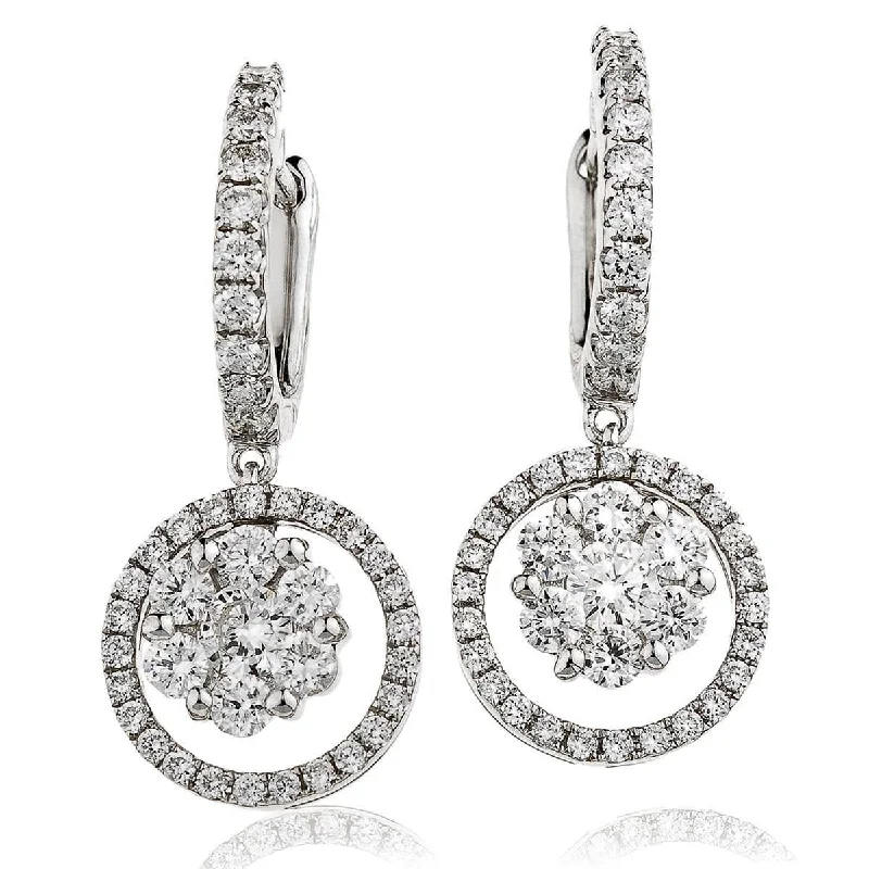 Ladies rose gold earrings-DIAMOND CLUSTER AND HALO HOOP DROP EARRING IN 18K WHITE GOLD