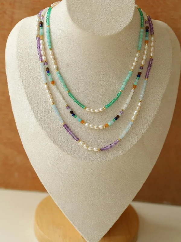 Ladies cubic zirconia necklace-Colorful Faceted Gemstone Summer Vibes Pearl Beaded Necklace