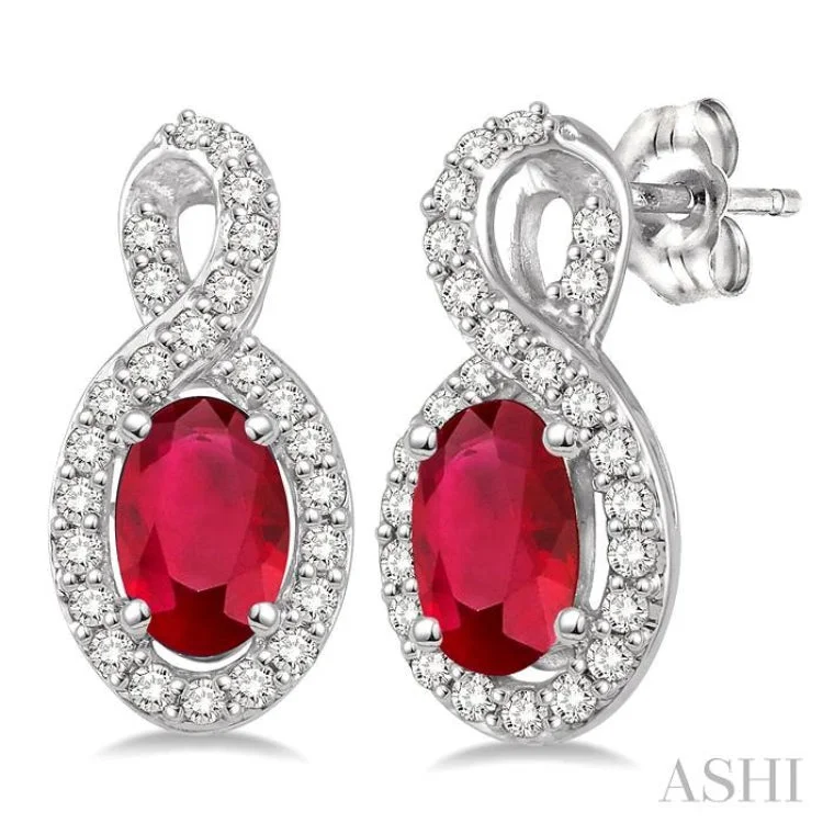 Ladies hoop earrings-5x3 MM Oval Cut Ruby and 1/5 Ctw Round Cut Diamond Earrings in 14K White Gold