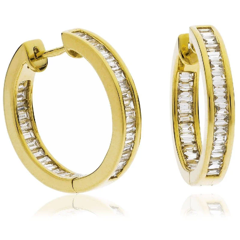 Ladies gold dangle earrings-BAGUETTE CUT DIAMOND CHANNEL SET HOOP EARRINGS IN 18K YELLOW GOLD